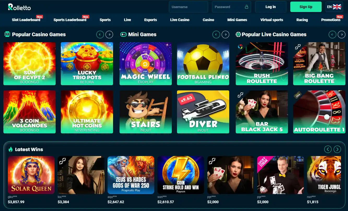 Current Rolletto casino lobby showing game categories and provider navigation