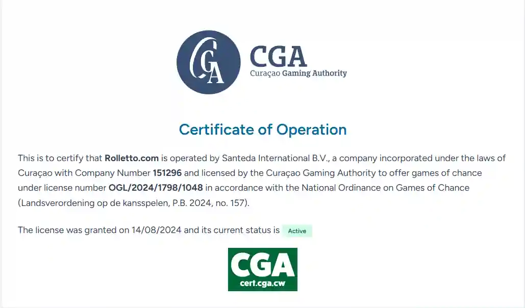 Official Curaçao Gaming Authority certificate for Rolletto.com and Santeda International B.V.