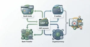 Payment flow showing GBP, cards, e-wallets, bank transfer and crypto with a separate live cashier check