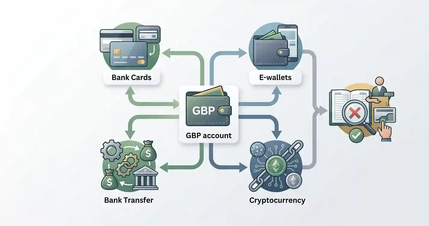 Payment flow showing GBP, cards, e-wallets, bank transfer and crypto with a separate live cashier check
