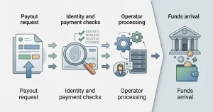 Withdrawal process from request through verification and operator processing to payment-provider arrival