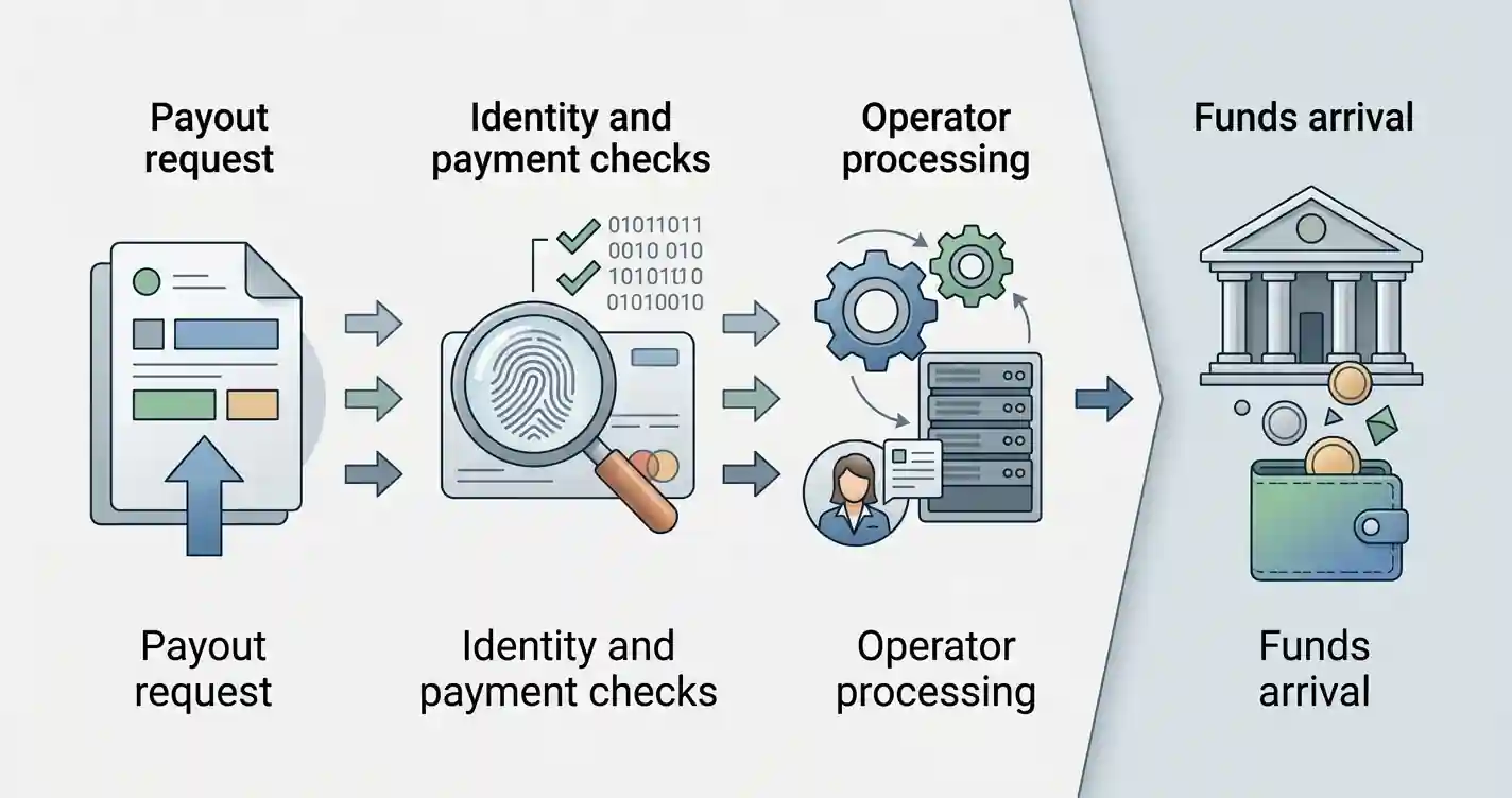 Withdrawal process from request through verification and operator processing to payment-provider arrival