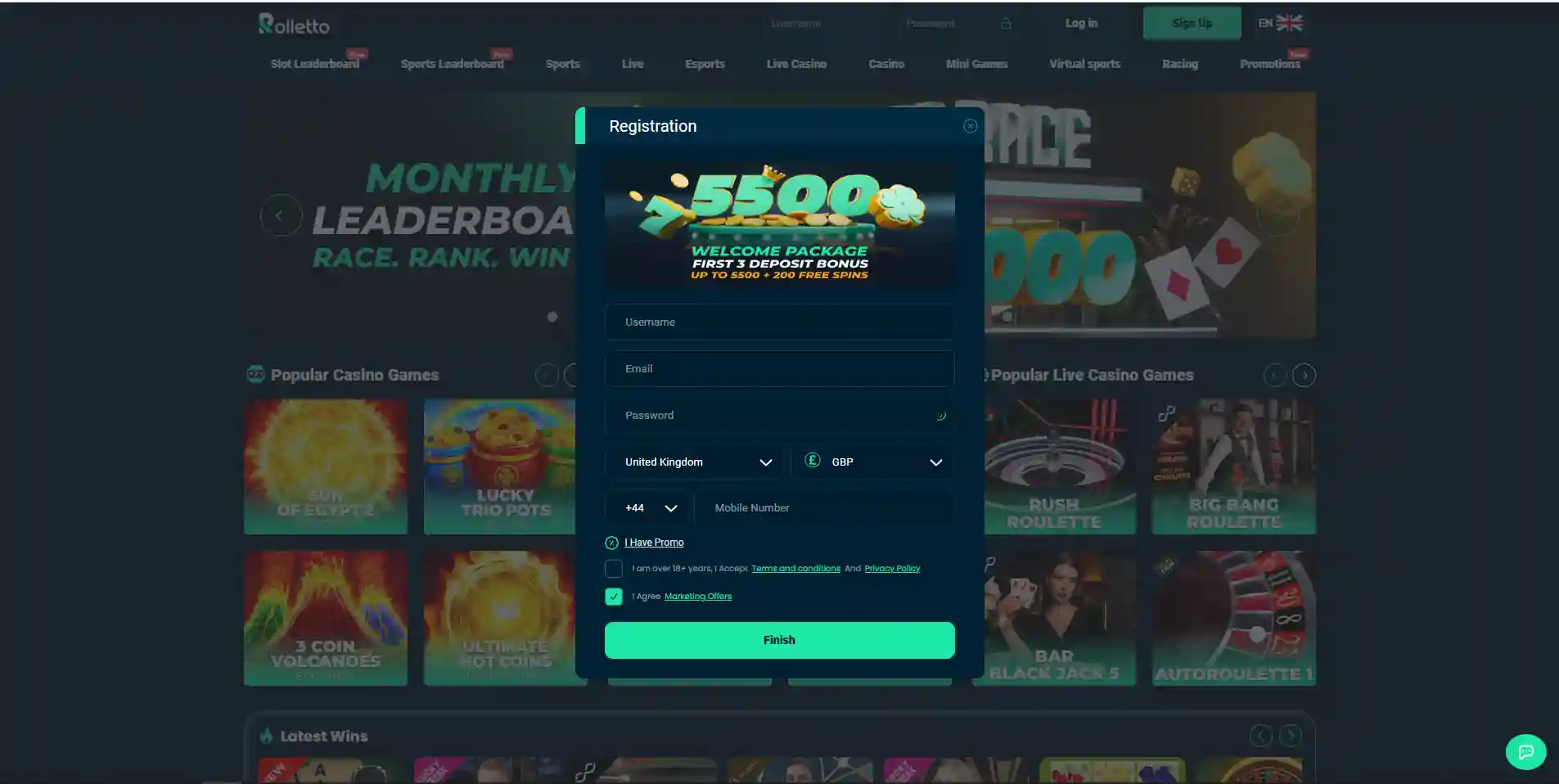 Blank Rolletto registration form on the current official website