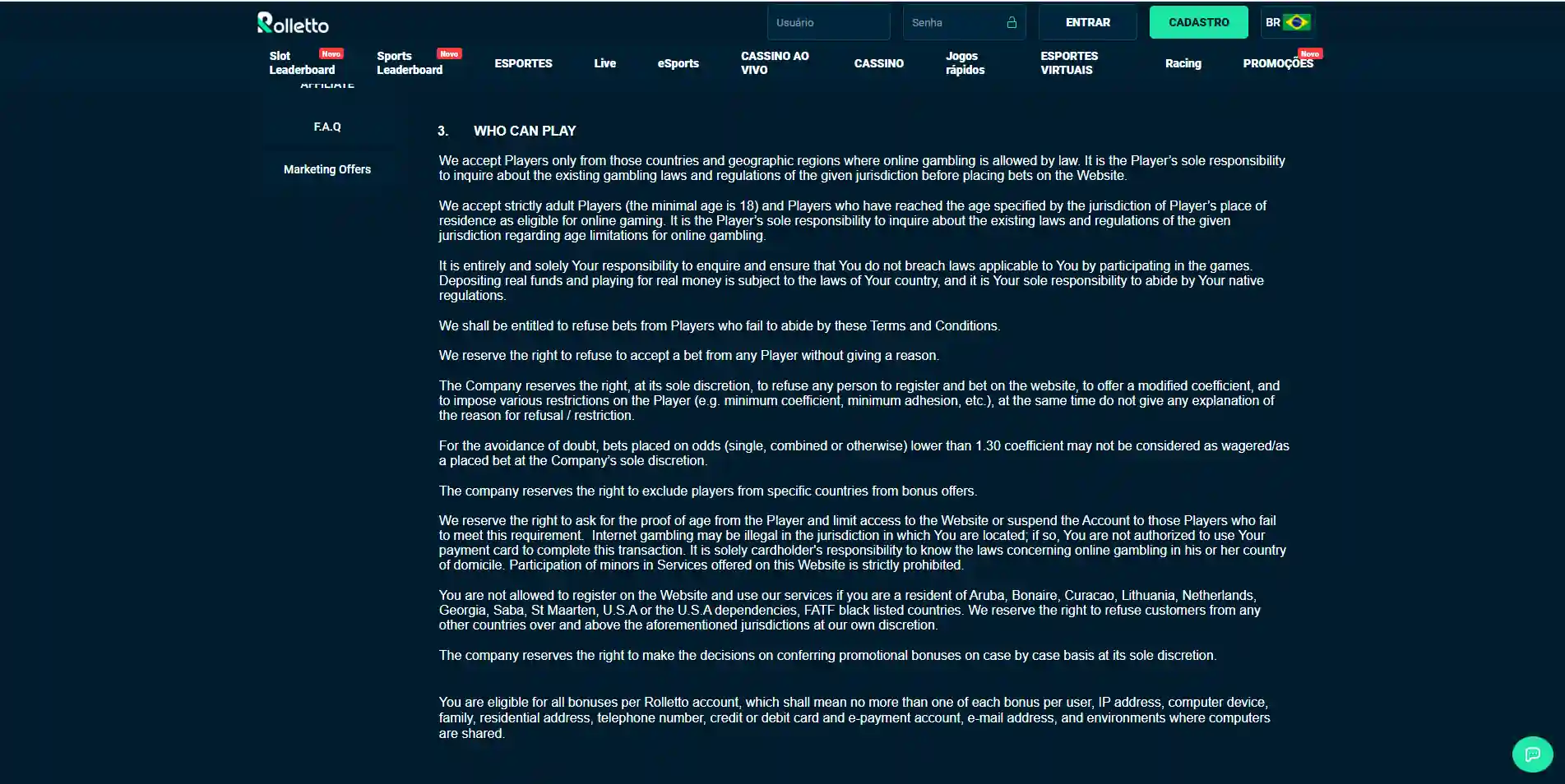 Official Rolletto terms section describing identity verification and document examples