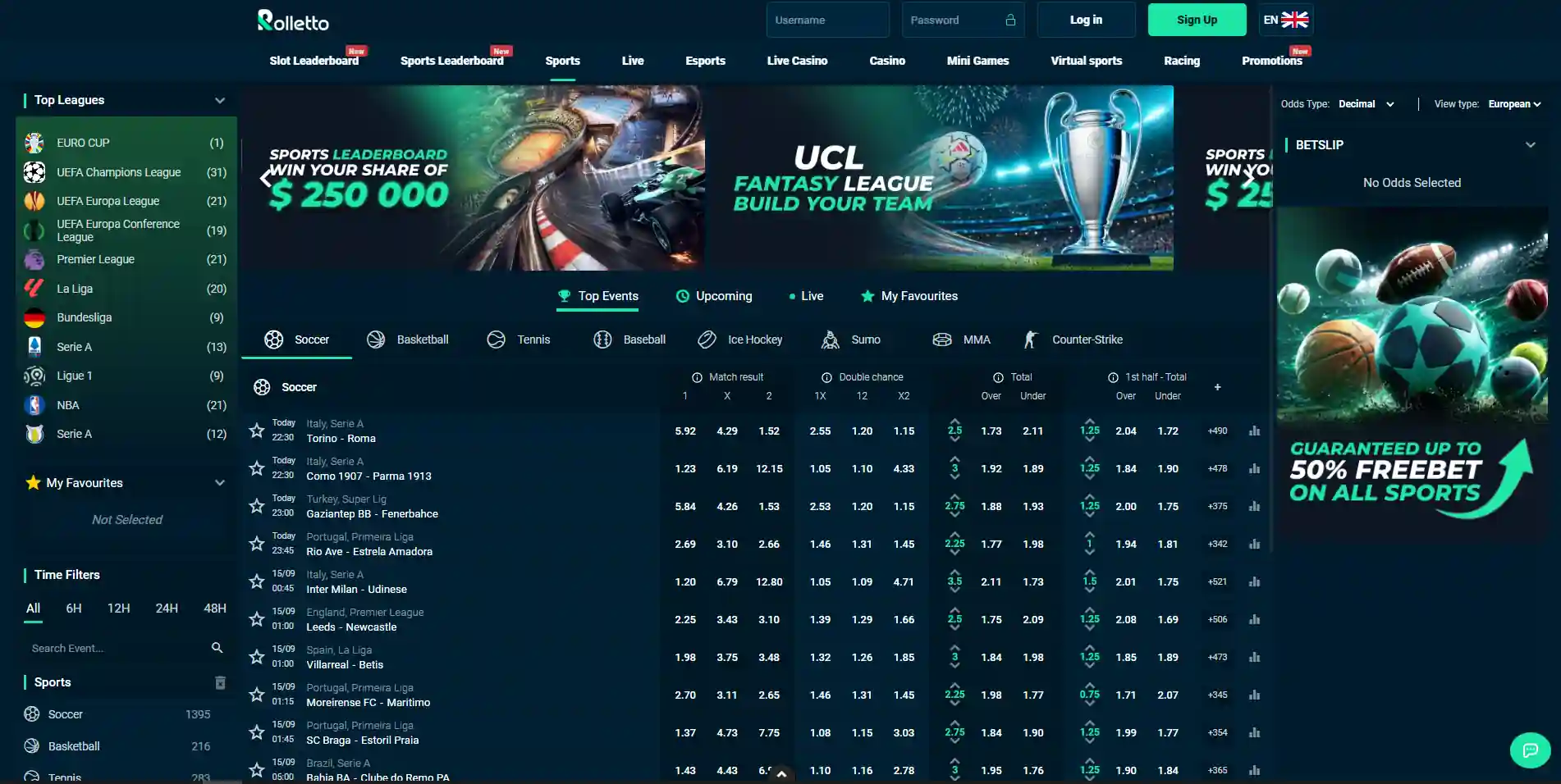 Current Rolletto sportsbook interface showing sports and eSports navigation