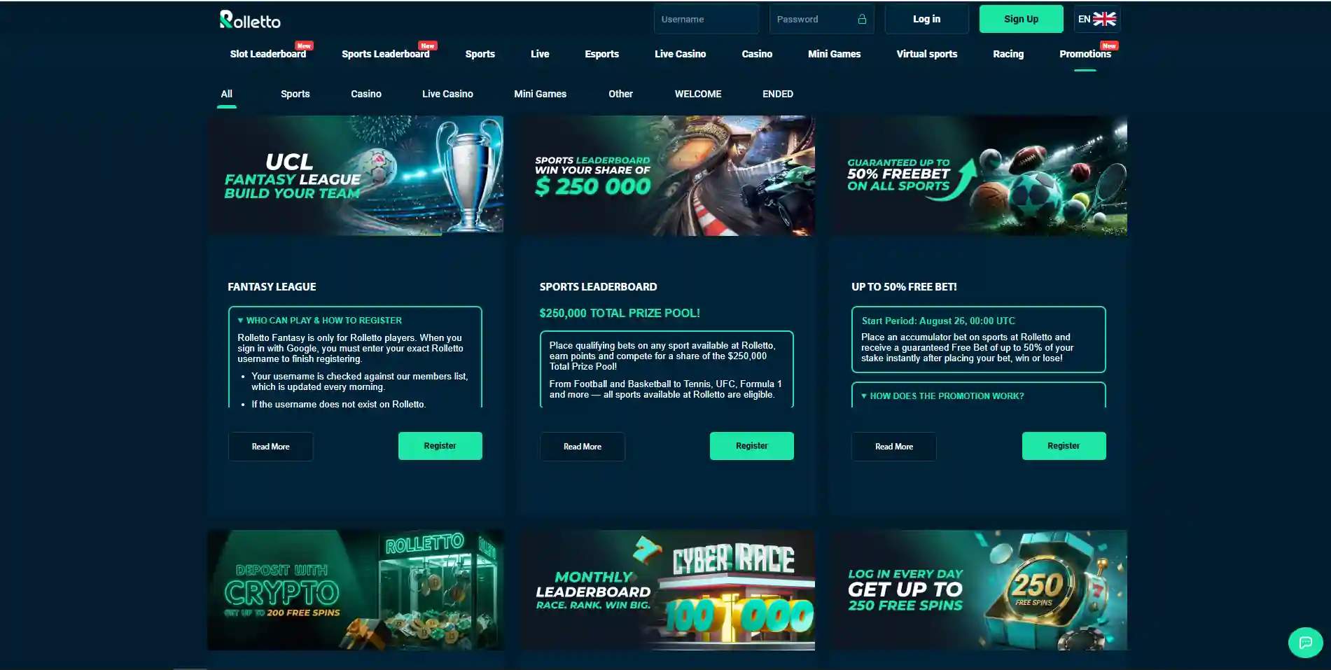 Current Rolletto welcome casino promotion page showing the three-deposit bonus package