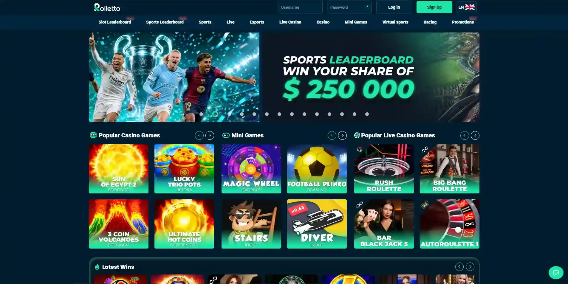 Current Rolletto homepage and product navigation