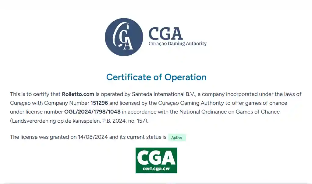 Official Curaçao Gaming Authority certificate for Rolletto.com and Santeda International B.V.
